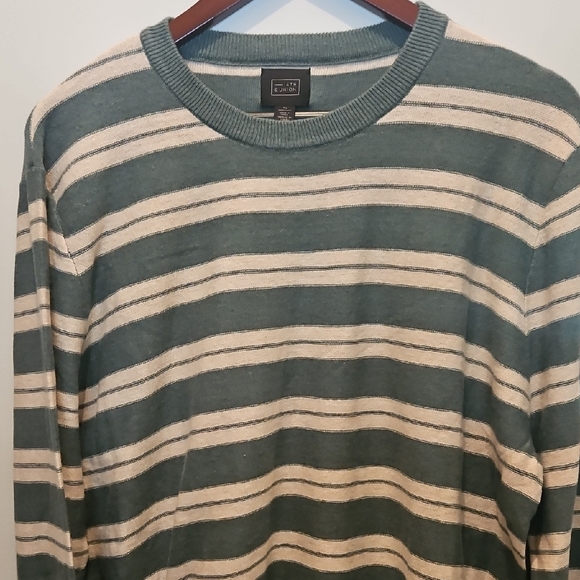 Cotton-Cashmere 14th & Union Green and Cream Striped Crewneck Sweater - Picture 9 of 9
